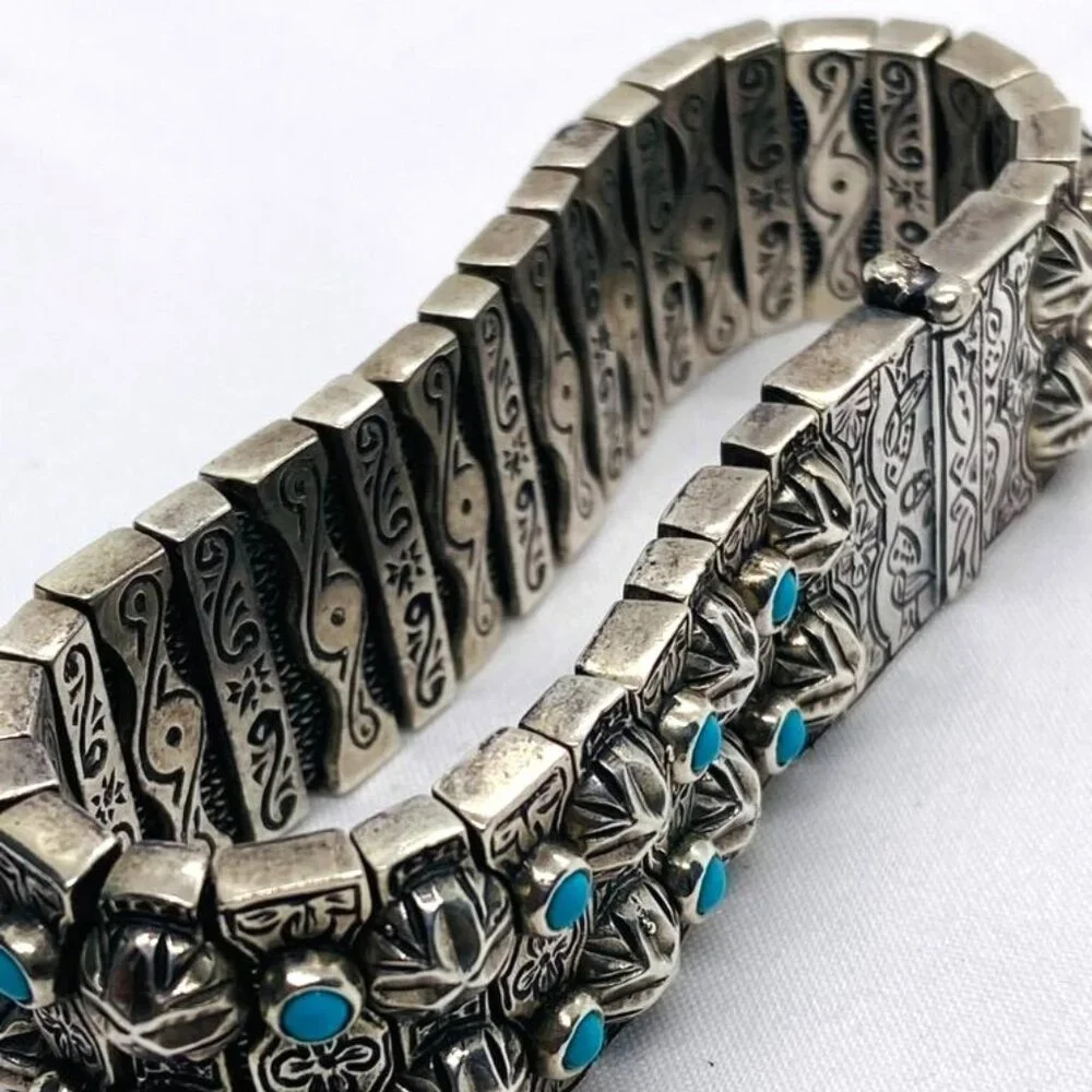 SOLD!! Konstantino Sterling Silver Turquoise Panel Links Bracelet 6.75" - Picture 4 of 16